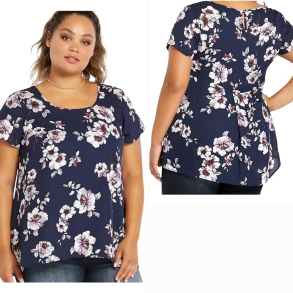 Torrid Navy Floral Print Georgette Short Sleeve Pleated Back Blouse plus size 2X